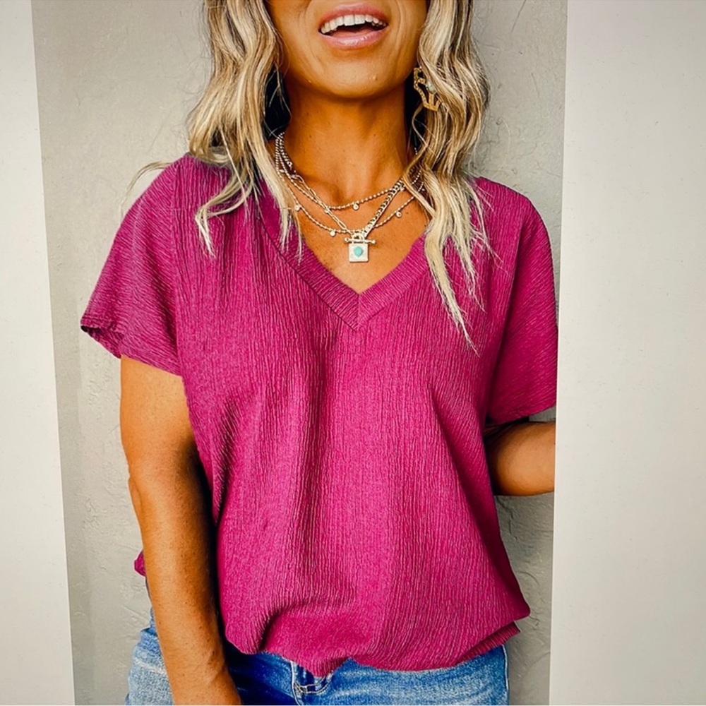 Pink Stretch Textured V Neck T Tee Shirt Top Plus Size 1X